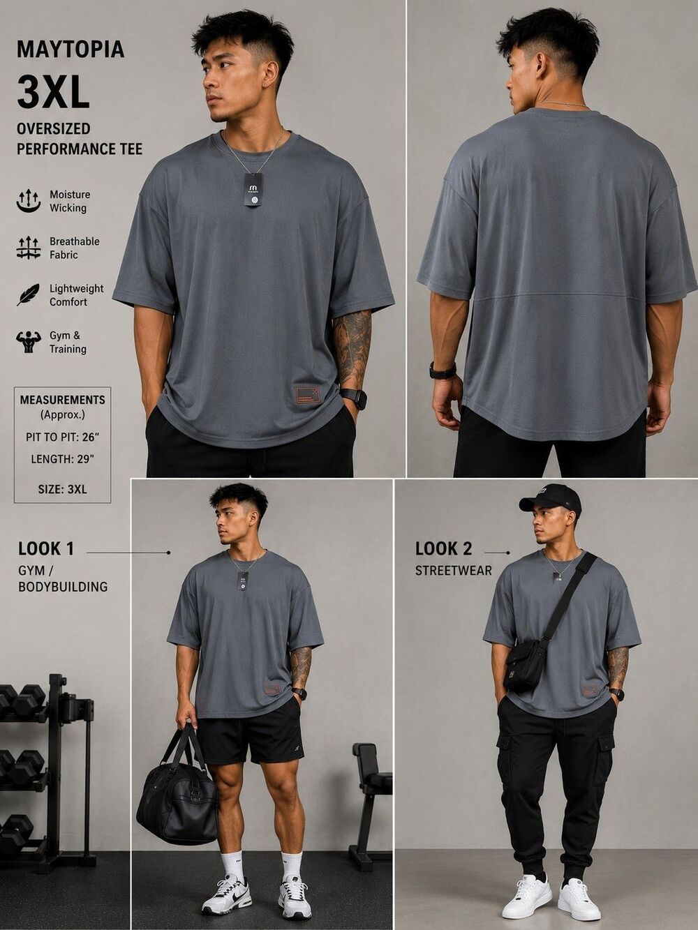 Gray Mens 3XL Oversized Athletic Workout Tee Shirt Bodybuilding Gym Performance